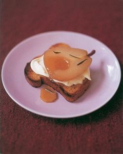 Kumara and rosemary brioche with maple syrup-poached pear