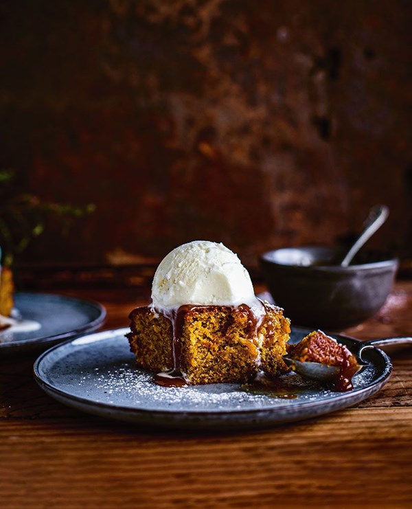 Kūmara cake with orange toffee sauce