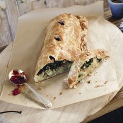 Kumara, cashew and silverbeet pie with spicy tomato and raisin sauce