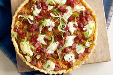 Kumara, chorizo & goat's cheese tart