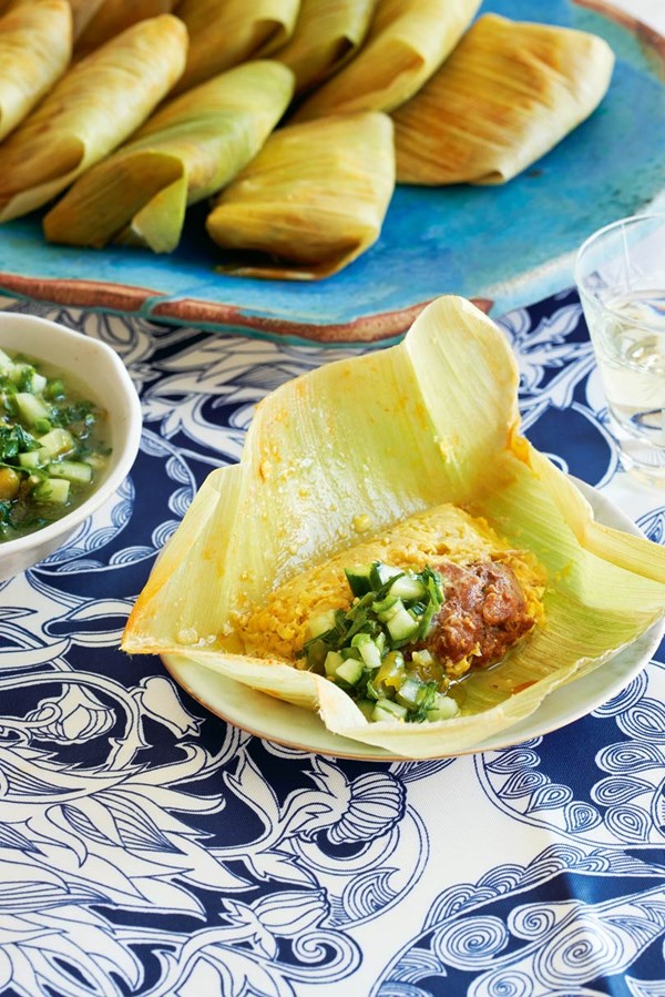 Kumara, corn & chorizo tamales