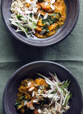 Kumara dhal with radish pear pickle and almonds