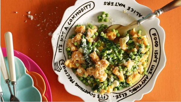 Kumara gnocchi with spinach, peas and preserved lemon