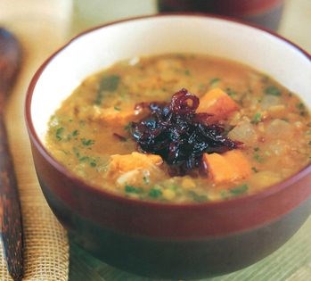Kumara, lentil and cumin soup with balsamic onions