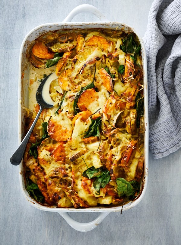 Kumara, potato and cabbage gratin