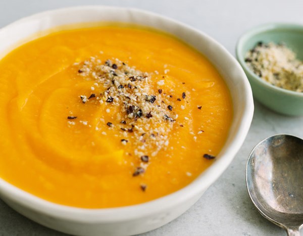 Kumara soup with seaweed gomasio