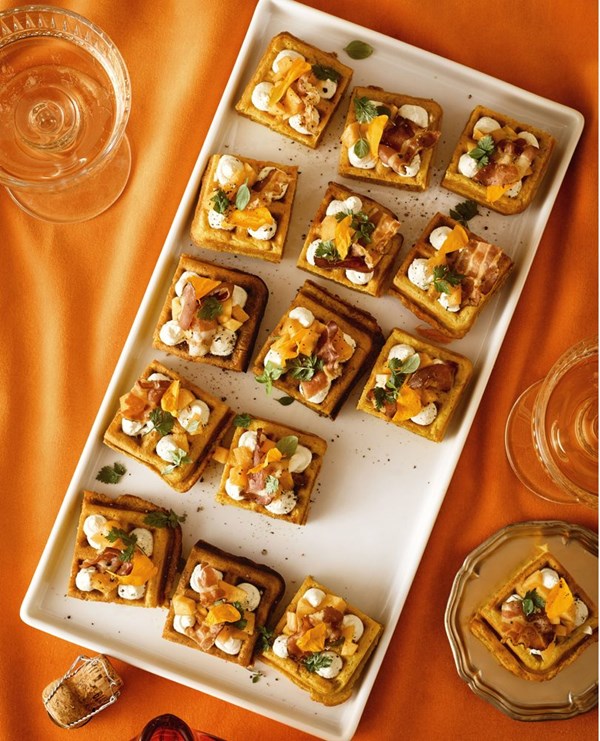 Kumara waffles with whipped goat's cheese & pickled peach