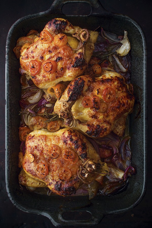Kumquat-glazed Cornish game hens with bacon