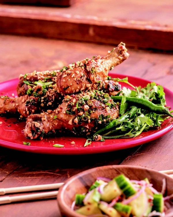 Kung pao drumsticks with ginger honey and toasted peanuts