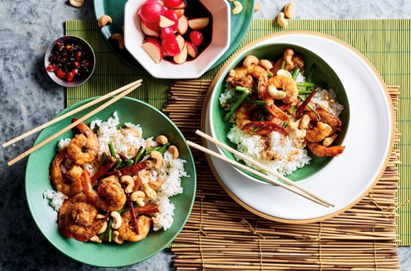 Kung pao prawns with quick radish pickle