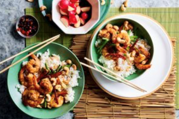 Kung pao prawns with quick radish pickle