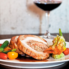 Kurobuta pork roulade with fresh cranberry beans, summer squash, heirloom tomatoes & aged sherry vinegar