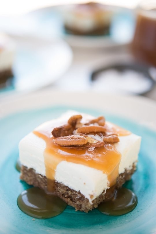 Labneh cheesecake bars with salted honey sauce