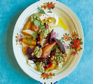 Labneh with roast beetroot, preserved lemon & green romesco sauce