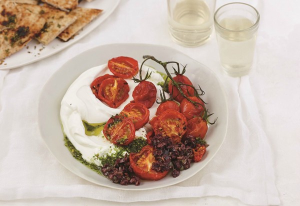 Labneh with tomatoes, pesto, and tapenade