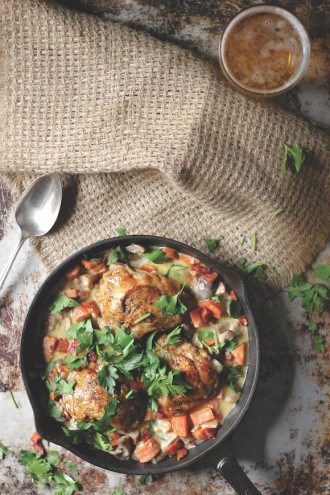 Lager-simmered chicken thighs