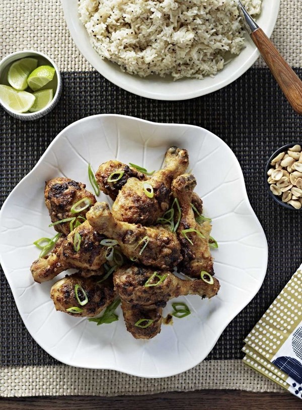 Laksa chicken drumsticks with coconut and peanuts
