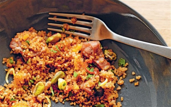 Lamb & burghul pilaff with apricots, preserved lemons & pistachios
