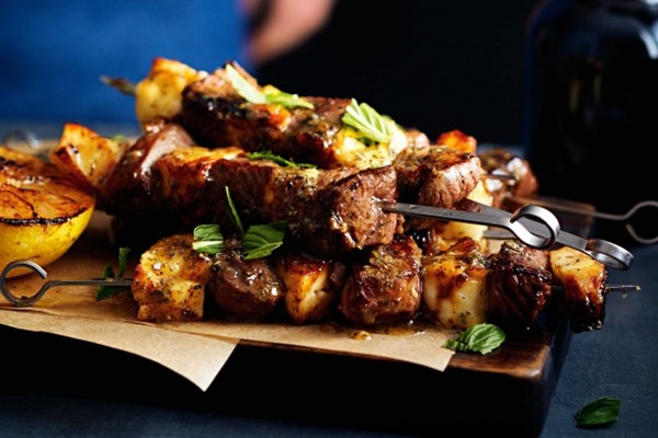 Lamb & haloumi skewers with herbed honey butter