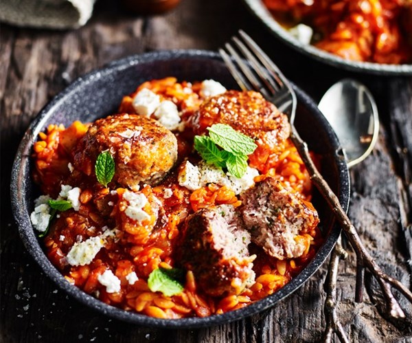 Lamb & mint meatballs with eggplant orzo