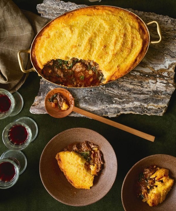 Lamb, anchovy & polenta pie