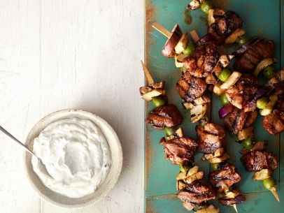 Lamb and artichoke kebabs with Greek yogurt dip