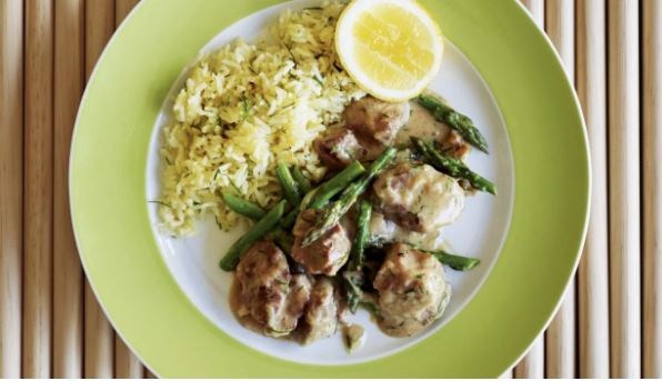 Lamb and asparagus stew with lemon rice pilaf