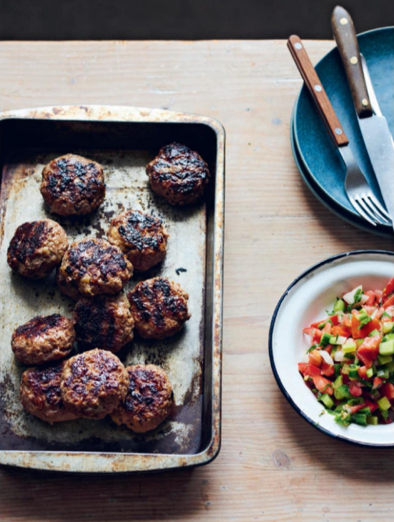 Lamb and beef mince kebabs with burnt aubergine