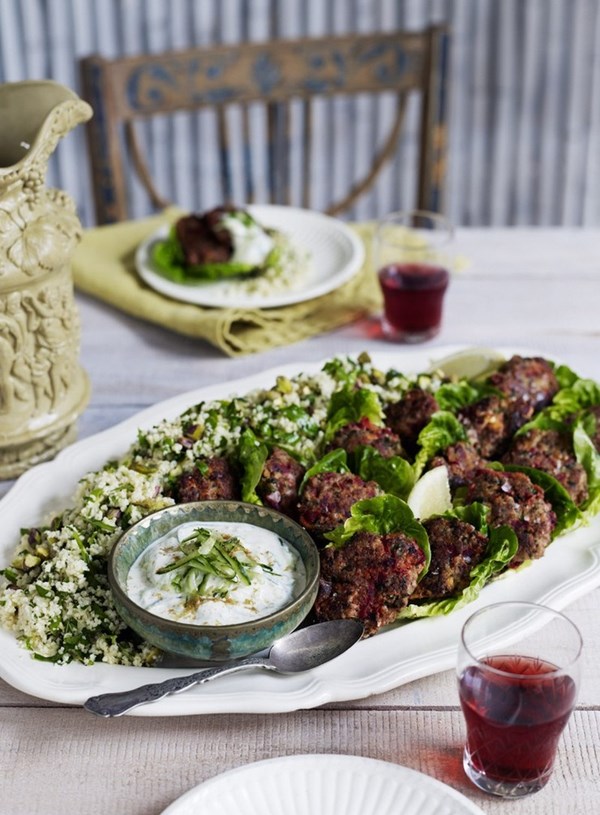 Lamb and beetroot kofte with cucumber and yoghurt salad