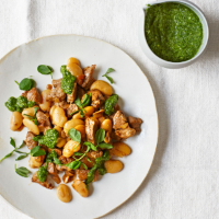 Lamb and butter beans with pea shoot pesto dressing