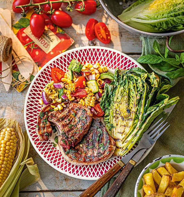 Lamb and charred sweetcorn salsa and fresh mint sauce