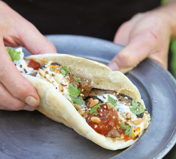 Lamb and eggplant pitas