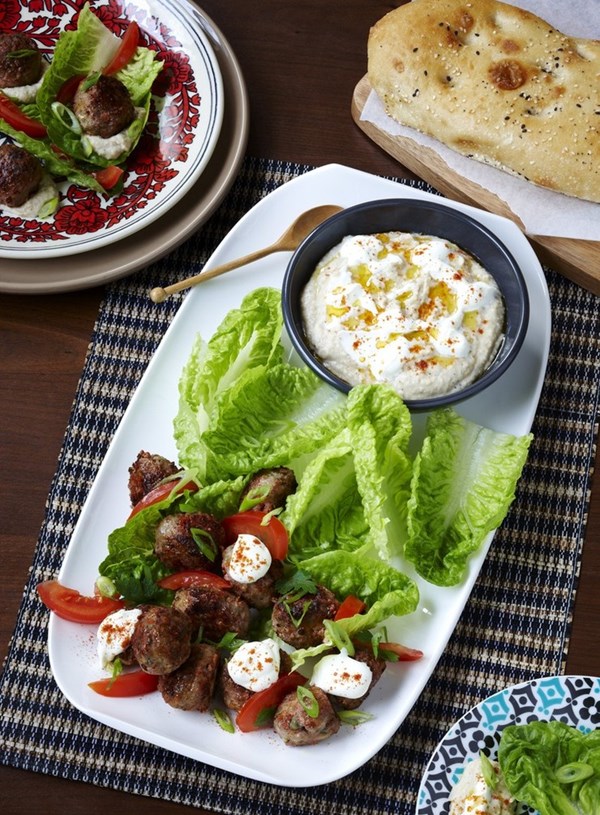 Lamb and feta kofta with smoky eggplant hummus