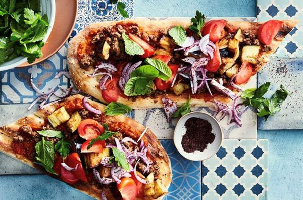 Lamb and fried eggplant flatbread