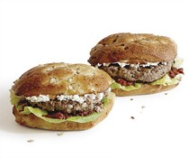 Lamb and goat cheese burgers with roasted red pepper relish