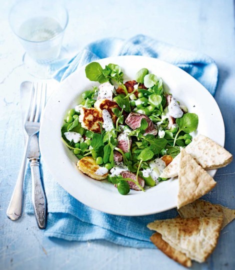 Lamb and halloumi salad with peas and watercress