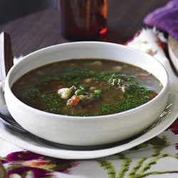 Lamb and lentil soup with mint and parsley puree