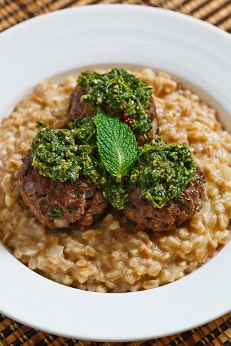 Lamb and mint meatballs with farro risotto and cilantro pesto