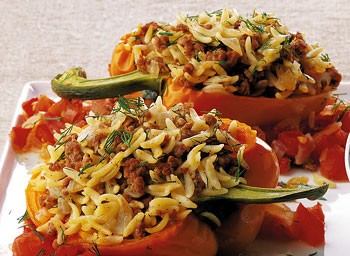 Lamb and orzo stuffed pepper with chunky tomato sauce