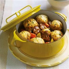 Lamb and pearl barley casserole with mustard and parsley dumplings