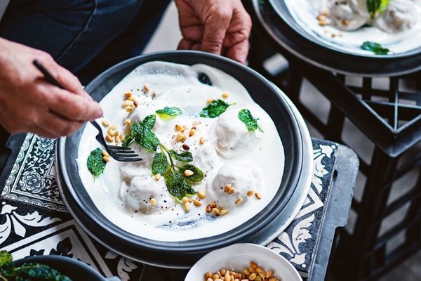 Lamb and pine nut dumplings in yoghurt (Chiche barak)