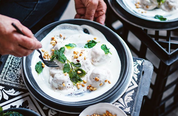 Lamb and pine nut dumplings in yoghurt (Chiche barak)