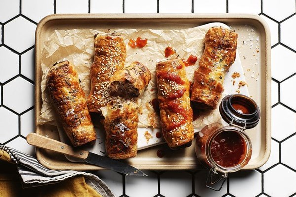 Lamb and rosemary sausage rolls with beer ketchup