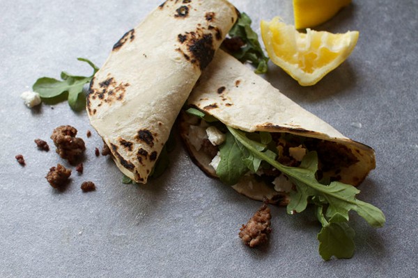 Lamb, arugula, and feta taco