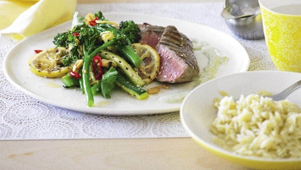 Lamb backstrap with chargrilled broccolini and zucchini salad