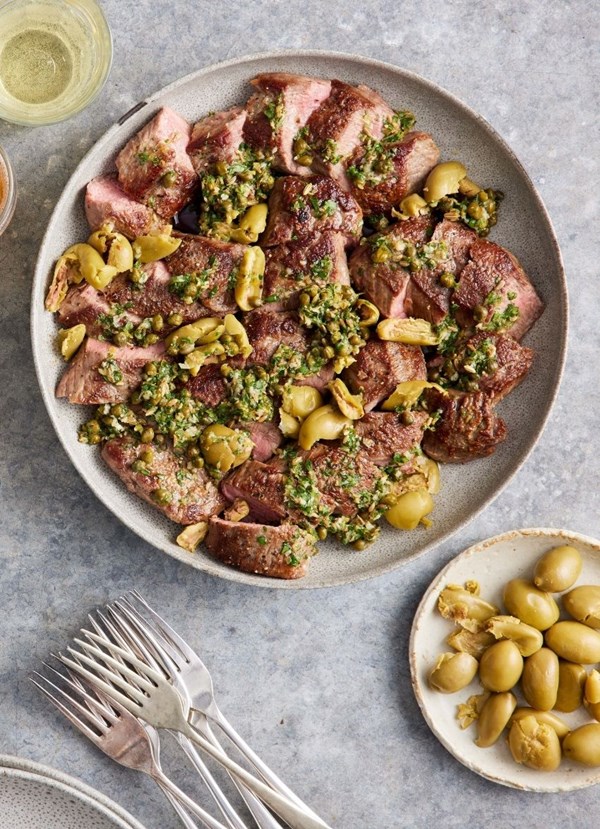 Lamb backstraps with crushed olives and fennel dressing