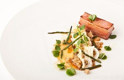 Lamb belly with amaranth and milk skin