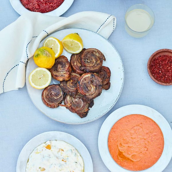 Lamb breast with flatbreads and homemade sauces
