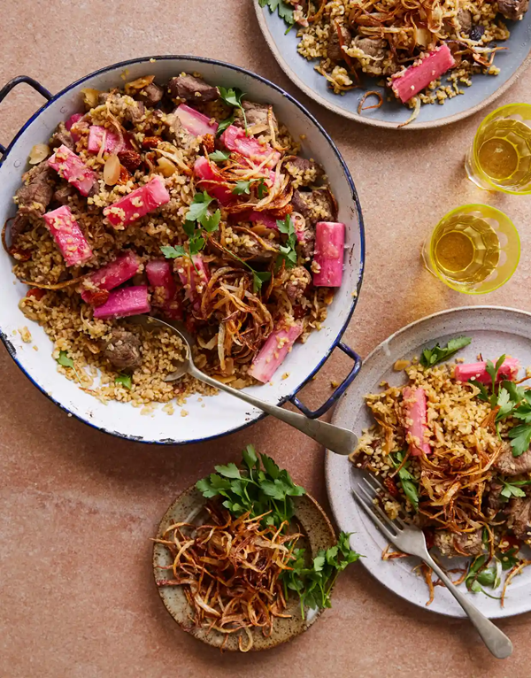 Lamb bulgur pilaf with rhubarb and almonds