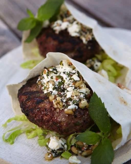 Lamb burger with feta pesto